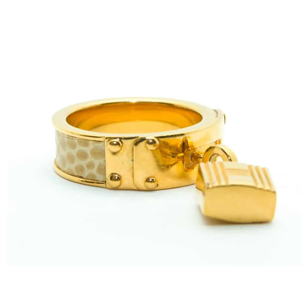 Hermes Gold Plated and White Leather Kelly Lock Scarf Ring