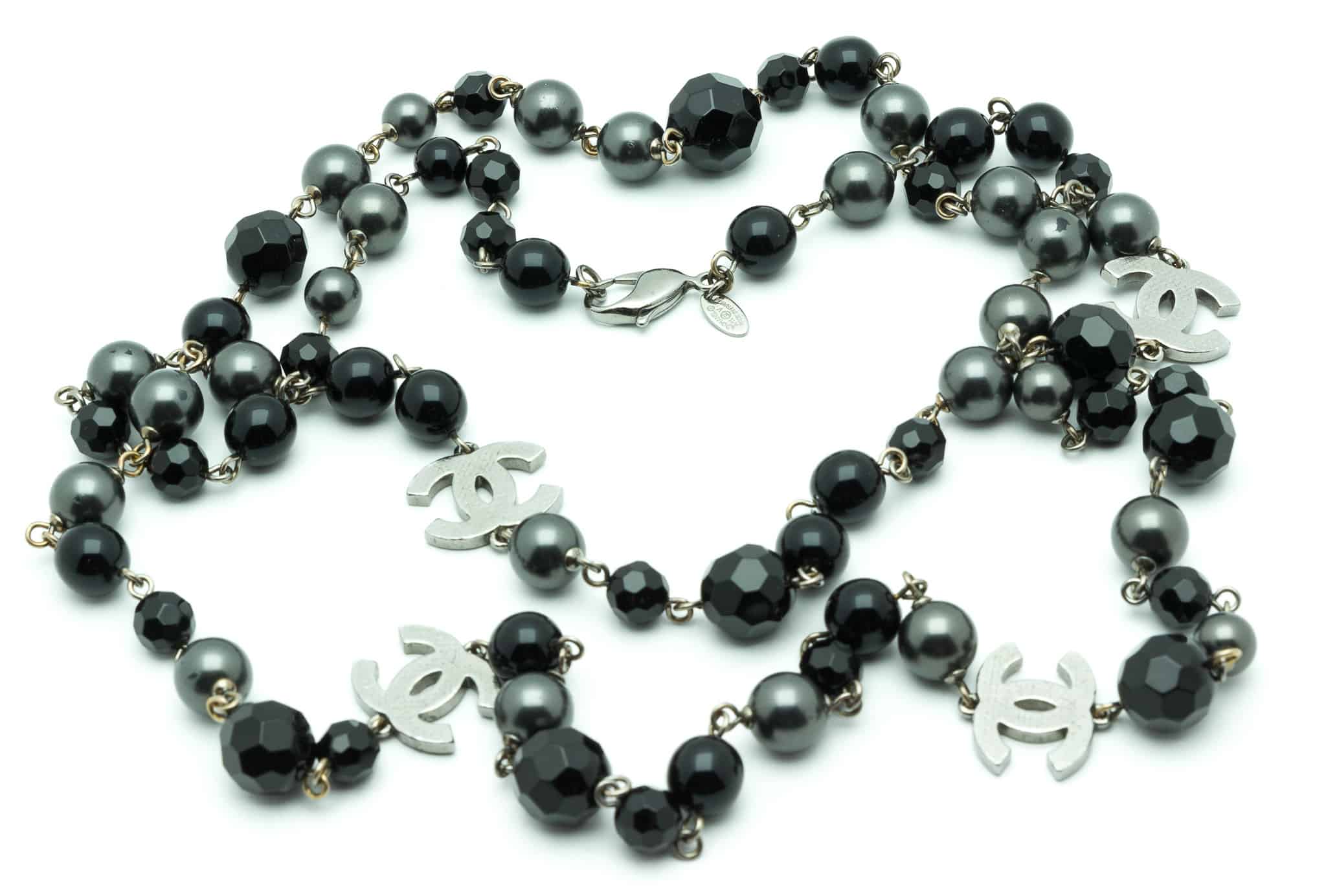 Chanel Long Black Beads, Pearls, and Crystal Logos Necklace