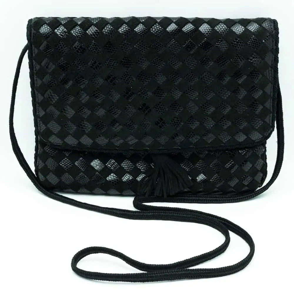 Chanel Vintage Chanel 7 Black Lizard Quilted Leather Fringe Shoulder