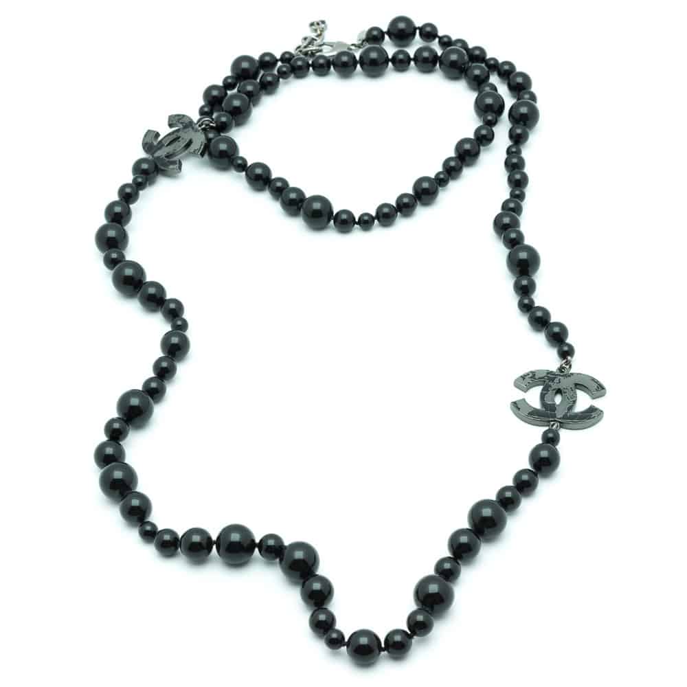 Chanel black sautoir glass beads logo 2013
